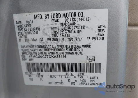 2012 Ford Escape Xls from USA, damaged, VIN 1FMCU0C77CKA88446